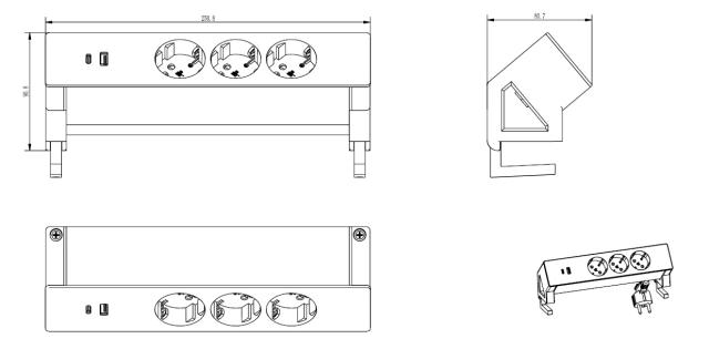 Drawing1 Power Socket, White,1 EU Sockets+2 USB Chargers (A+C) 20W