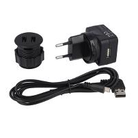 Double USB Charger, Round ø35mm, Black ABS, W/Euro Plug &