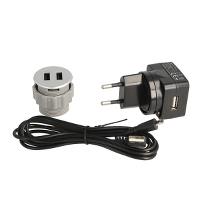 USB Charger (2xA), Round ø35mm, Silver ABS, W/Euro Plug &