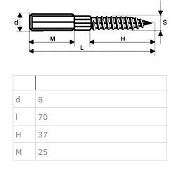 Hangerbolt, Cylindrical, M8x70mm, Stainless Steel A2, 25/37