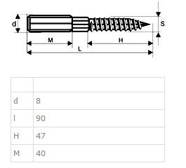 Hangerbolt, Cylindrical, M8x90mm, Stainless Steel A2,