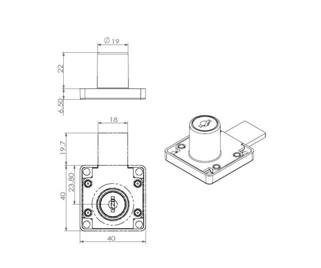 Rim Lock 850, ø19x22, W/One Turn & Long Latch, NPL, CK SISO