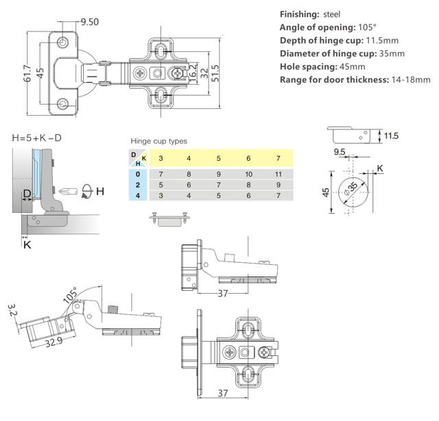 Maxi Hinge, Steel, NPL, 105DG, 