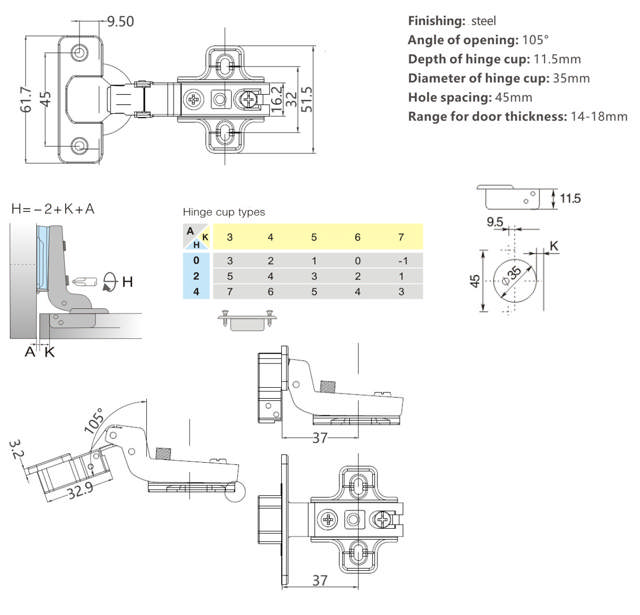 Maxi Hinge, Steel, NPL, 105DG, 