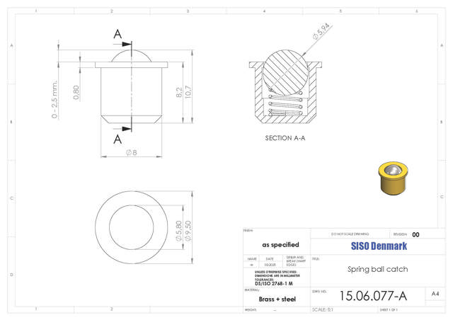 Ball Catch, Brass, F/Hinge 11.300 & 11.561, Bore ø8mmx8mm