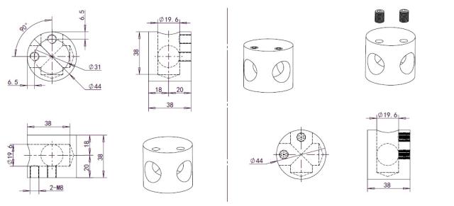 Tube Connector 2-Way, ø44x38mm, SS-304, Black Finish, F/ø19