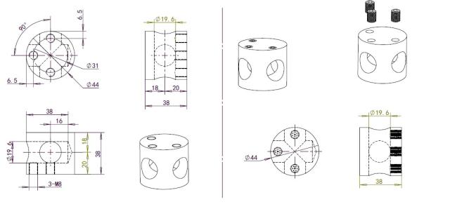 Tube Connector 3-Way, ø44x38mm, SS-304, Black Finish F/ø19mm