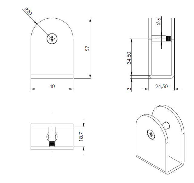 U-Bracket SS-316 F/18mm Panel, F/Toilet Cubicles,Incl. Black