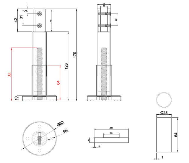 Panel Support Leg 128-180mm, F/10-13mm Panel, SS304 Black
