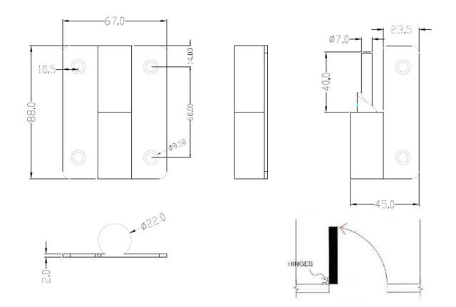 Door Hinge 88x67x2.0mm, Up/Down, SS304 Brushed, RH,