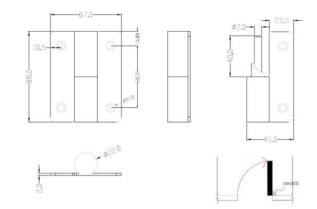Door Hinge 88x67x2.0mm, Up/Down, SS304 Brushed, LH,