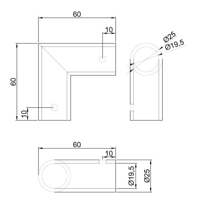 Bar To Bar Connector 90DG, 60x60mm, SS-304,  F/ø19mm Tubes