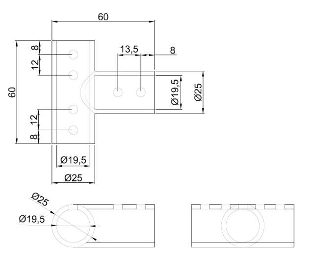 T-Shaped Connector F/3 Bars, 60x60mm, SS304, Black Finish,