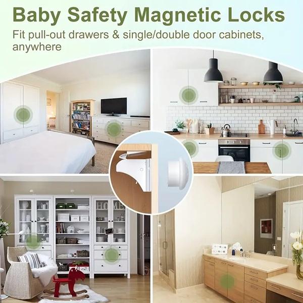 Magnet Lock, White, Set of 4 Locks, 1 key & 1 Installation