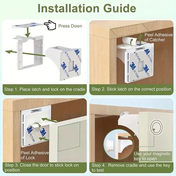 Magnet Lock, White, Set of 4 Locks, 1 key & 1 Installation