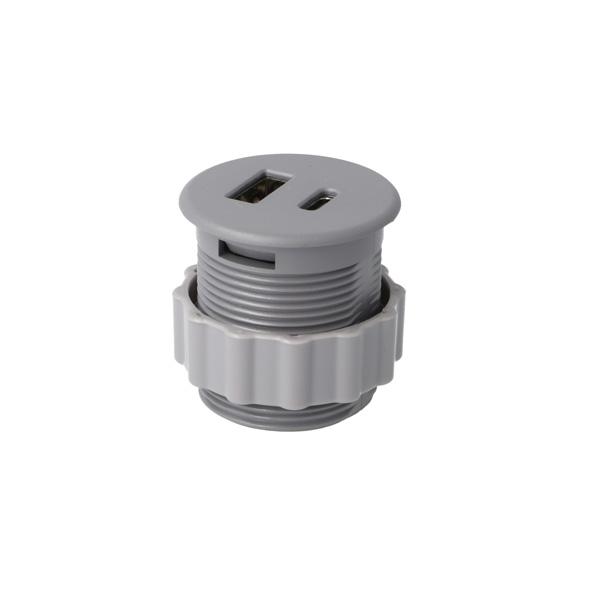USB Charger (C+A), Round ø35mm, Grey ABS, W/Euro Plug &