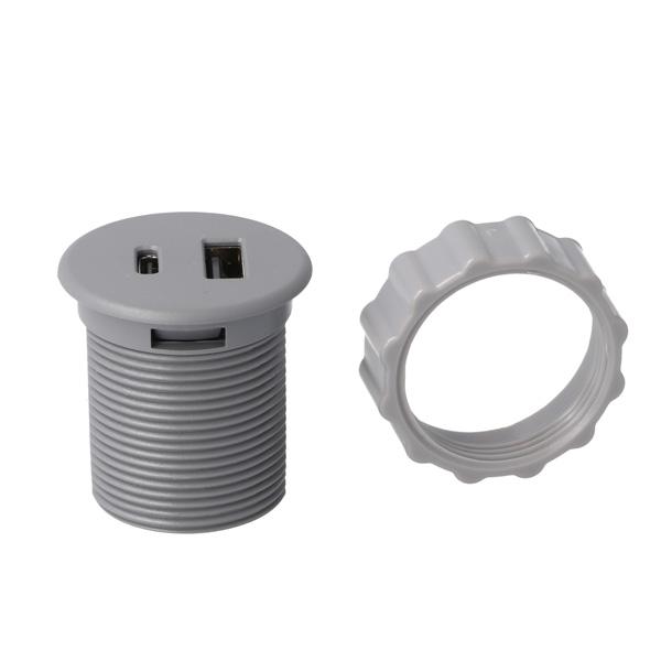 USB Charger (C+A), Round ø35mm, Grey ABS, W/Euro Plug &